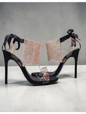 Black High Heel Sandals With Rhinestone Embellished Panels Clear Straps & Ribbon